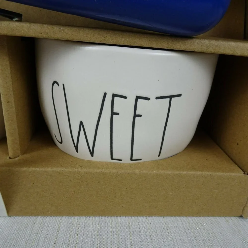 RAE DUNN Tasty And Sweet 3-PC Ice Cream Set 2 Bowls 1 Blue Scoop In Gift Box New